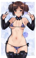 1girl alternate_hairstyle bikini black_gloves black_ribbon boots breasts brown_eyes brown_hair double_v elbow_gloves em_(totsuzen_no_hakike) gloves gluteal_fold heart kuroda_kunika looking_at_viewer medium_breasts navel noble_witches ribbon short_hair solo standing stomach swimsuit v world_witches_series