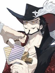 2boys beard black_hair closed_mouth coat commentary_request cotton_(lana_de_lingo) crocodile_(one_piece) cross_pendant dracule_mihawk facial_hair hat_feather highres male_focus multiple_boys one_piece ringed_eyes short_hair simple_background white_background yellow_eyes