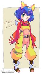 1girl :3 blue_hair bodysuit boots border bow brown_background character_name cropped_sweater eiko_carol final_fantasy final_fantasy_ix full_body green_eyes hair_bow highres horns one_eye_closed overalls pink_bodysuit quichi_91 red_sweater short_hair single_horn solo standing sweater turtleneck turtleneck_sweater twitter_username white_border yellow_bow yellow_overalls