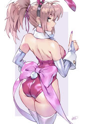 1girl animal_ear_hairband animal_ears ass back_bow bow bowtie bridal_gauntlets brown_hair commentary_request detached_collar fake_animal_ears from_behind hairband highres leotard long_hair matsuda_(matsukichi) original playboy_bunny rabbit_ears rabbit_tail red_eyes red_leotard solo strapless strapless_leotard tail thighhighs white_bow white_bowtie white_bridal_gauntlets white_thighhighs wrist_cuffs
