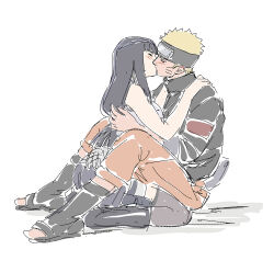 1boy 1girl bare_shoulders beerenfuchs black_hair black_jacket black_shorts blonde_hair blush breasts closed_eyes couple facial_mark forehead_jewel forehead_protector full_body highres hyuuga_hinata jacket large_breasts naruto:_the_last naruto_(series) orange_pants pants purple_vest shorts simple_background sitting sketch uzumaki_naruto vest whisker_markings white_background