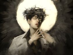 1boy black_hair black_shirt black_wings closed_eyes coat collared_shirt crown_of_thorns feathered_wings hair_between_eyes hands_up kim_dokja macaronijail omniscient_reader&#039;s_viewpoint open_mouth painterly popped_collar shirt short_hair solo spread_fingers sun_behind_head teeth upper_body upper_teeth_only white_coat wings
