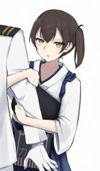 1boy 1girl admiral_(kancolle) armor blue_hakama blue_skirt breast_press breastplate brown_eyes brown_hair gloves hakama hakama_short_skirt hakama_skirt highres jacket japanese_clothes kaga_(kancolle) kantai_collection long_hair military_uniform muneate shsuta_0013 side_ponytail simple_background skirt solo_focus tasuki tsurime white_background white_gloves white_jacket