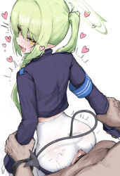 1boy 1girl absurdres anus armband ass bar_censor black_tail blue_archive blue_armband censored commentary demon_tail fang green_hair green_halo halo heart hetero highres loli long_hair looking_at_viewer no_pants nozomi_(blue_archive) open_mouth pantyhose pointy_ears rainbow_gorein sex sex_from_behind skin_fang smile solo_focus standing standing_sex tail tail_wrap train_conductor vaginal white_background white_pantyhose