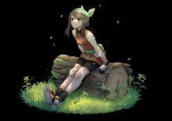 1girl absurdres bandana bike_shorts black_background black_eyes black_shorts black_socks breasts brown_hair cyan_paint fanny_pack female_focus full_body gloves grass green_bandana highres jacket leaning_forward log may_(pokemon) medium_hair nintendo orange_jacket pokemon pokemon_emerald pokemon_rse shadow shoes shorts sidelocks simple_background sitting sleeveless sleeveless_jacket small_breasts socks solo