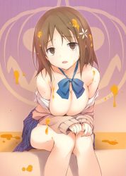 10s 1girl bare_shoulders blue_bow blue_bowtie blue_skirt blush bow bowtie breasts brown_eyes brown_hair cardigan checkered_clothes checkered_skirt cleavage collarbone empty_eyes female_focus flower food hair_flower hair_ornament halloween idolmaster idolmaster_cinderella_girls jack-o&#039;-lantern knees_together_feet_apart large_breasts long_sleeves looking_at_viewer matching_hair/eyes mimura_kanako off_shoulder parted_lips plaid_clothes plaid_skirt pleated_skirt sakana_(flame_sakana) shadow shirt_slip sitting skirt sleeves_past_wrists slime_(substance) solo sweets white_flower