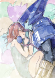 Rule 34 | 1boy, 1girl, absurdres, age difference, android, armor, asagi marin, blue skin, brigadoon, brown hair, closed eyes, colored skin, hetero, highres, lying, melan blue, mugitarou, on side, pajamas, red eyes, short hair, sketch, twitter username
