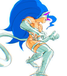 Rule 34 | 1girl, animal ears, animal hands, bare shoulders, blue eyes, blue hair, breasts, cat ears, cat tail, darkstalkers, felicia (darkstalkers), from side, long hair, medium breasts, tail, very long hair, white background, white fur, zero setsu