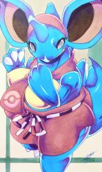 025aki 1girl absurdres animal_ears animal_hands apron artist_name blue_horns blue_skin breasts bright_pupils closed_mouth clothed_pokemon colored_skin dated eyelashes female_focus furry furry_female gen_1_pokemon grey_eyes hands_up happy headband highres horns large_breasts looking_at_viewer mature_female multicolored_skin neckerchief nidoqueen nintendo poke_ball_symbol pokemon pokemon_(creature) pokemon_cafe_remix red_apron red_headband red_neckerchief rope shiny_skin signature single_horn smile solo standing tail traditional_media two-tone_skin white_pupils yellow_skin