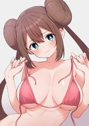 Rule 34 | 1girl, aqua eyes, armpit crease, bikini, blush, breasts, brown hair, closed mouth, collarbone, donut hair bun, double bun, fingernails, grey background, hair bun, highres, holding, holding swimsuit, holding unworn clothes, kamidan, large breasts, long hair, looking at viewer, nintendo, pink bikini, pokemon, pokemon bw2, rosa (pokemon), solo, swimsuit, twintails, undone bikini, unworn swimsuit