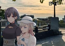 Rule 34 | 2girls, :d, above cleavage cutout, black sweater, blue eyes, blue ribbon, breasts, ceras yanagida lilienfeld, ceras yanagida lilienfeld (summer casual), commentary request, dress, dress ribbon, grey skirt, hair ornament, hair ribbon, hat, haz, high-waist skirt, jacket, katsuragi izumi, katsuragi izumi (summer casual), large breasts, link! like! love live!, long hair, looking at another, love live!, medium breasts, multiple girls, official alternate costume, open clothes, open jacket, open mouth, orange eyes, outdoors, photo background, pink ribbon, pointing, ribbon, short-sleeved sweater, short sleeves, skirt, sleeveless, sleeveless dress, smile, sun hat, sweater, triangle hair ornament, virtual youtuber, white dress, white hat, white jacket, wolf cut
