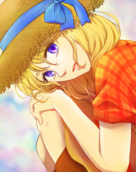 1girl blonde_hair blue_background blue_eyes blue_ribbon bokujou_monogatari bokujou_monogatari:_mittsu_no_sato_no_taisetsuna_tomodachi boots brown_boots brown_dress curled_up dress grey_background hair_between_eyes hair_over_shoulder hands_on_own_knees hat hat_ribbon head_on_hands head_tilt highres interlocked_fingers knee_boots long_hair looking_at_viewer looking_up nanami_(bokujou_monogatari) own_hands_together parted_lips plaid_clothes plaid_shirt pupa115 red_shirt ribbon shirt short_sleeves solo sun_hat