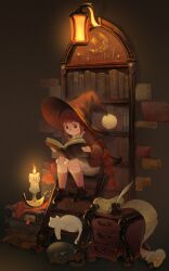 1girl absurdres black_cat bloomers book bookmark bookshelf boots braid brown_boots brown_eyes brown_jacket brown_socks cabinet candle cat closed_mouth collared_shirt glasses hat highres holding holding_book inkwell jacket kneehighs ladder lamp original p_(pm_611a) quill reading red_hair scroll shirt sidelocks sitting sleeping socks solo twin_braids underwear white_bloomers white_cat white_shirt witch witch_hat wooden_ladder
