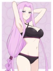 absurdly_long_hair absurdres armpits arms_up bikini border breasts cleavage dani_(angrymatthew) fate/stay_night fate_(series) highres large_breasts long_bangs long_hair looking_at_viewer low-tied_long_hair medusa_(fate) medusa_(rider)_(fate) navel outside_border parted_bangs presenting_armpit purple_background purple_bikini purple_eyes purple_hair swimsuit thighs very_long_hair white_border