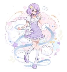 1girl aikatsu!_(series) aikatsu_stars! artist_request bracelet chinese_text commission dress flower frilled_sleeves frills full_body hair_flower hair_ornament hand_up highres jewelry layered_dress medium_hair nanakura_koharu neck_ribbon pink-framed_eyewear puffy_short_sleeves puffy_sleeves purple_dress purple_eyes purple_hair purple_ribbon purple_shoes ribbon second-party_source see-through_dress_layer semi-rimless_eyewear shoes short_dress short_sleeves socks solo standing straight_hair stuffed_animal stuffed_toy teddy_bear under-rim_eyewear watermark white_background white_socks yellow_flower