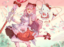 Rule 34 | 1girl, ;d, arknights, bow, breasts, cake, cake slice, cookie, dress, food, foot out of frame, fork, gloves, goldenglow (arknights), goldenglow (party in the garden) (arknights), gradient background, hair bow, hair ornament, hand on own cheek, hand on own face, hand up, heart, heart hair ornament, heart wand, hello kitty, hello kitty (character), high heels, highres, holding, holding wand, leg up, lightning bolt print, lolita fashion, long hair, looking at viewer, macaron, medium breasts, official alternate costume, one eye closed, open mouth, pantyhose, pink background, pink hair, pink shoes, pink tail, plaid bow, puffy short sleeves, puffy sleeves, red bow, red dress, rimii yuki, sanrio, shoes, short sleeves, smile, solo, spoon, standing, standing on one leg, sweet lolita, teapot, two-tone dress, wand, white dress, white gloves, white pantyhose, winged wand, yellow background, yellow eyes