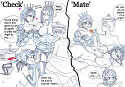 1boy 4girls absurdres aftersex androgynous anonhistory armor blood board_game breastplate chess cigarette commentary crown elbow_gloves english_commentary english_text gauntlets gloves greyscale heart helmet highres holding holding_cigarette king knight long_hair monochrome multiple_girls nude original partially_colored queen short_hair simple_background smoke smoking speech_bubble sword visor_lift weapon