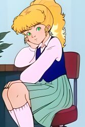 1girl 80s anne_hopkins blonde_hair dress green_eyes hand_on_own_face hand_on_own_knee looking_at_viewer oldschool onegai!_samia_don ponytail school_uniform sitting vest