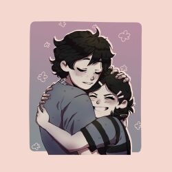1boy 1girl absurdres andrew_graves_(the_coffin_of_andy_and_leyley) ashley_graves black_hair blush closed_eyes hand_on_another&#039;s_head highres hug ivanairy light_smile s siblings smile the_coffin_of_andy_and_leyley