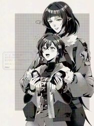 2girls animal_ears belle_(zenless_zone_zero) blush fingerless_gloves gloves hair_ornament hand_on_another&#039;s_shoulder heart jane_doe_(zenless_zone_zero) letter_hair_ornament looking_at_another looking_down looking_up monochrome mouse_ears mouse_girl multiple_girls muutsurose spoken_heart yuri zenless_zone_zero