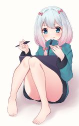 1girl absurdres ass bare_legs barefoot bitseon blush bow closed_mouth commentary_request drawing_tablet eromanga_sensei full_body green_jacket grey_hair hair_bow highres holding holding_pen izumi_sagiri jacket long_hair long_sleeves looking_at_viewer low_twintails pen pink_bow sitting solo stylus twintails