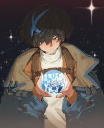 1girl absurdres alohapz androgynous black_hair blue_jacket blue_streaks brown_eyes commentary dizzy_(guilty_gear) glowing guilty_gear guilty_gear_strive guilty_gear_strive:_dual_rulers hair_over_one_eye harness highres holding holding_orb jacket ky_kiske looking_down multicolored_hair open_clothes open_jacket orb queen_dizzy short_hair sin_kiske smile solo sparkle streaked_hair sweater turtleneck turtleneck_sweater unika_(guilty_gear) white_sweater