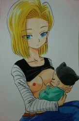 1boy 1girl absurdres android_18 animal_hat ashigaki_radar baby belt black_hat black_shirt blonde_hair blue_eyes blue_pants blush breastfeeding breasts breasts_out brown_belt carrying carrying_baby carrying_person cat_hat closed_eyes clothes_lift collarbone denim dragon_ball dragonball_z earrings green_pajamas hat highres hoop_earrings jeans jewelry long_sleeves looking_at_another medium_breasts nipples onesie pajamas pants shirt shirt_lift short_hair sitting smile traditional_media trunks_(dragon_ball) white_background
