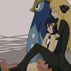 2girls age_difference arms_around_neck bare_arms black_headwear black_shirt black_tank_top blonde_hair blue_eyes blue_hair blush calf_boots closed_mouth cynthia_(pokemon) dawn_(pokemon) eyelashes female_focus from_behind frown gen_4_pokemon grey_background hair_ornament holding hug hug_from_behind long_hair multiple_girls nintendo onee-loli pink_footwear pink_skirt pokemon pokemon_dppt prinplup shirt simple_background skirt smile tank_top yellow_headwear yuri
