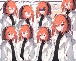 =_= @_@ a.i._voice adachi_rei black_shirt blank_eyes breast_pocket closed_eyes closed_mouth gavrof glasses hair_between_eyes hair_ribbon headlamp headphones highres hood hooded_jacket jacket long_sleeves multiple_expressions one_eye_closed open_clothes open_jacket open_mouth orange_eyes orange_hair pocket radio_antenna ribbon shaded_face sharp_teeth shirt side_ponytail teeth upper_body upper_teeth_only utau white_jacket white_ribbon
