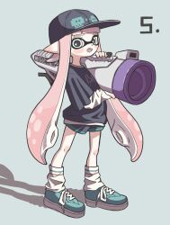 Rule 34 | 1girl, absurdres, baseball cap, black hat, black shirt, black shorts, blue background, commentary, green shoes, gun, hat, highres, holding, holding gun, holding weapon, inkling, inkling girl, inkling player character, leg warmers, long hair, looking at viewer, nintendo, open mouth, osakanagumi11, pink hair, pointy ears, print hat, print shirt, s-blast (splatoon), shadow, shirt, shoes, shorts, simple background, smile, solo, splatoon (series), splatoon 3, star-shaped pupils, star (symbol), symbol-shaped pupils, teeth, tentacle hair, upper teeth only, very long hair, weapon