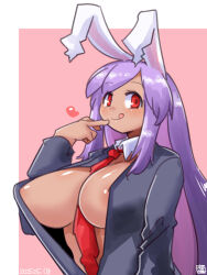 1girl :q animal_ears areola_slip between_breasts black_hisui_(cookie) blazer blush breasts cleavage closed_mouth commentary_request cookie_(touhou) dark-skinned_female dark_skin heart highres hisui_(cookie) itini-sanshi jacket large_breasts long_hair long_sleeves looking_at_viewer necktie necktie_between_breasts no_bra no_shirt pink_background purple_hair rabbit_ears rabbit_girl red_eyes red_necktie reisen_udongein_inaba sidelocks smile solo tongue tongue_out touhou upper_body very_long_hair white_background