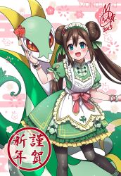 1girl 2025 :d apron artist_name black_pantyhose blue_eyes blush brown_hair china_dress chinese_clothes commentary_request double_bun dress egasumi feet_out_of_frame frilled_apron frilled_dress frills gen_5_pokemon green_dress hair_bun highres long_hair maid maid_apron maid_headdress mono_land nintendo open_mouth pantyhose pokemon pokemon_(creature) pokemon_bw2 puffy_short_sleeves puffy_sleeves qi_maid red_eyes rosa_(pokemon) serperior short_sleeves signature smile standing standing_on_one_leg twintails very_long_hair white_apron wrist_cuffs