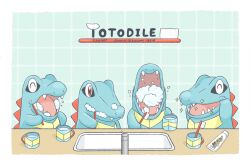 Rule 34 | blue skin, brushing teeth, character name, closed mouth, colored skin, cup, gen 2 pokemon, highres, holding, holding toothbrush, nintendo, no humans, omochi (aoi guruguru), open mouth, pokemon, pokemon (creature), pokemon focus, red eyes, sink, teeth, toothbrush, toothbrush in mouth, toothpaste, totodile, upper body