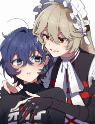 2girls alexandrina_sebastiane belle_(zenless_zone_zero) black_gloves black_shirt blonde_hair blue_eyes blue_hair blush commentary_request earrings gloves hand_on_another&#039;s_shoulder height_difference jewelry maid maid_headdress multiple_girls parted_lips partially_fingerless_gloves red_eyes shirt simple_background smile tori_hatsu02 white_background yuri zenless_zone_zero