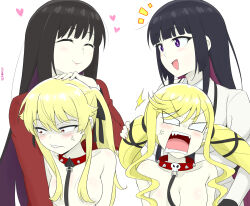 4girls absurdres anger_vein angry bdsm black_hair blank_eyes blonde_hair breasts brown_eyes closed_eyes closed_mouth clothed_female_nude_female collar color_connection crossover female_focus femdom garethue8 hair_censor hair_color_connection heart highres hime_cut hyakkaou_academy_school_uniform jabami_yumeko kakegurui kurogane_otoha large_breasts leash long_hair look-alike multiple_girls nude open_mouth petting purple_eyes rock_wa_lady_no_tashinami_deshite saotome_mary school_uniform sharp_teeth simple_background slave smile spiked_collar spikes suzunomiya_lilisa teeth trait_connection twintails very_long_hair white_background yuri