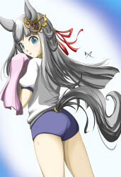 1girl absurdres animal_ears ass blue_eyes blunt_bangs blush chrono_genesis_(umamusume) commentary_request grey_hair hair_between_eyes hair_ornament highres horse_ears horse_girl looking_at_viewer mathiku open_mouth simple_background solo standing sweat thighs towel umamusume