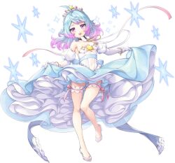 1girl ahoge armpits artist_request bare_legs bare_shoulders blue_hair breasts covered_navel crown detached_sleeves four-pointed_star full_body game_cg gloves highres jewelry legend_clover leonardo_da_vinci_(fate) multicolored_hair necklace official_alternate_costume official_art open_mouth pink_eyes pink_hair sideboob solo third-party_source transparent_background white_gloves