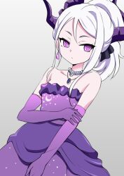 1girl absurdres alternate_costume blue_archive breasts demon_girl demon_horns demon_wings dress earrings gloves highres hina_(blue_archive) hina_(dress)_(blue_archive) horns inoue_kousei jewelry long_hair necklace off_shoulder official_alternate_costume official_alternate_hairstyle pendant purple_dress purple_eyes purple_gloves simple_background small_breasts solo white_hair wings