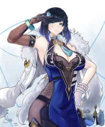 1girl absurdres arm_up bare_shoulders black_gloves blue_hair blunt_bangs bracelet breasts cleavage commentary dice fur-trimmed_jacket fur_trim genshin_impact gloves gradient_background green_eyes grey_background grin hand_on_own_hip highres holding holding_dice jacket jacket_on_shoulders jewelry large_breasts looking_at_viewer purple_lips shon_(seanwave) short_hair sleeveless smile solo upper_body white_background white_gloves white_jacket yelan_(genshin_impact)
