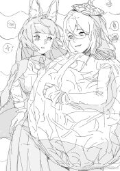 2girls alternate_costume animal_ear_fluff animal_ears blush cowboy_shot fox_ears fox_girl glasses greyscale happy_birthday highres hoshimi_miyabi looking_at_another meitian_du_xiwang_wo_cp_bot monochrome multiple_girls open_mouth simple_background smile tsukishiro_yanagi yuri zenless_zone_zero