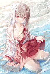 1girl beach blush breasts cleavage collarbone dress hoshino_koucha japanese_clothes kimono large_breasts long_hair long_sleeves looking_at_viewer open_mouth original red_eyes sand smile solo thighs very_long_hair water water_drop wet white_hair
