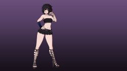 Rule 34 | 1girl, absurdres, bags under eyes, belt, black hair, black lagoon, blue eyes, earrings, electrolarynx, female focus, frederica sawyer, goth fashion, hand on own hip, high heels, highres, jewelry, midriff, nail polish, petite, sandcasks, scar, short hair, skirt, solo