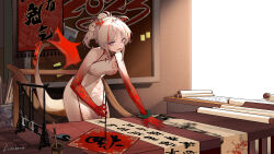 1girl :d absurdres arknights bare_shoulders breasts calligraphy_brush china_dress chinese_clothes colored_extremities colored_skin dragon_girl dragon_horns dragon_tail dress fiery_tail gradient_skin grey_hair hair_bun highres horns indoors inkwell kiruroco large_breasts leaning_forward looking_at_viewer multicolored_hair nian_(arknights) open_mouth paintbrush pelvic_curtain purple_eyes red_hair red_skin short_hair signature single_hair_bun sleeveless sleeveless_dress smile solo streaked_hair table tail translation_request two-tone_hair white_dress
