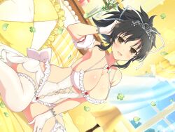 asuka_(senran_kagura) bedroom breasts bridal_lingerie brown_eyes brown_hair clothing_cutout clover day desk_lamp flower four-leaf_clover garter_straps gloves green_petals hair_ribbon highres jewelry lamp large_breasts light_blush lingerie looking_at_viewer navel navel_cutout official_art on_bed open_mouth petals pillow ponytail ribbon ring senran_kagura senran_kagura_new_link short_ponytail smile sunlight tiara underwear vase wedding_ring white_gloves white_ribbon yellow_flower