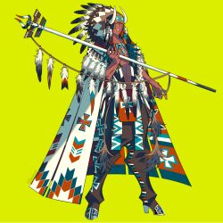 1boy baggy_pants blue_hair cloak dark-skinned_male dark_skin edarow fake_horns full_body green_background headdress holding holding_staff hoof_shoes horned_headwear horns long_hair male_focus native_american native_american_headdress no_shirt original pants simple_background solo staff standing white_cloak