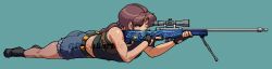 Rule 34 | 1girl, absurdres, ai arctic warfare, aiming, belt, black belt, black boots, black gloves, black lagoon, black tank top, blue background, blue shorts, bolt action, boots, breasts, brown eyes, brown hair, closed mouth, commentary, commission, counter-strike (series), counter-strike 2, english commentary, fingerless gloves, full body, gloves, gun, highres, holding, holding gun, holding weapon, hugo (rushbordie), large breasts, long hair, low ponytail, lying, on stomach, one eye closed, ponytail, revy (black lagoon), rifle, short shorts, shorts, simple background, sniper rifle, sniping, solo, tank top, weapon