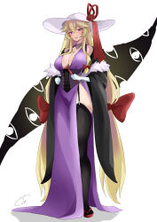 0002koko 1girl absurdly_long_hair absurdres alternate_costume bare_shoulders black_choker black_thighhighs blonde_hair breasts center_opening choker commentary_request corset detached_sleeves dress folded_fan folding_fan full_body gap_(touhou) garter_straps gloves hair_between_eyes hair_ribbon hand_fan hat highres holding holding_fan large_breasts large_ribbon long_hair looking_at_viewer purple_dress purple_eyes ribbon smile solo thighhighs touhou very_long_hair white_background white_gloves yakumo_yukari