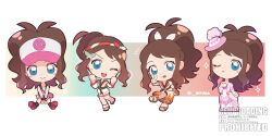 1girl :&gt; absurdres antenna_hair bag black_vest blue_eyes blush_stickers boots brown_hair chibi chibi_only closed_mouth commentary_request dress hair_ornament hat highres hilda_(pokemon) hilda_(special_costume)_(pokemon) hilda_(summer_2022)_(pokemon) hilda_(sygna_suit)_(pokemon) jacket long_hair looking_at_viewer mini_hat multiple_views nintendo official_alternate_costume one_eye_closed open_clothes open_vest pink_dress pokemon pokemon_bw pokemon_masters_ex ryusa_(gjgd7445) sandals shorts sidelocks sitting smile vest watermark white_jacket white_shorts