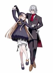 1boy 1girl :d abigail_williams_(fate) antonio_salieri_(fate) antonio_salieri_(second_ascension)_(fate) ascot black_bow black_dress black_gloves black_hat black_jacket black_pants black_shoes blonde_hair bloomers blue_eyes bow breast_pocket brown_shoes closed_mouth commentary dancing dress fate/grand_order fate_(series) footwear_bow formal_clothes frilled_sleeves frills full_body gloves grey_hair hair_between_eyes hair_bow handkerchief handkerchief_in_pocket hat highres jacket knife lapels loafers long_hair long_sleeves looking_at_another mary_janes notched_lapels open_mouth orange_bow pants parted_bangs pinstripe_jacket pinstripe_pants pinstripe_pattern pinstripe_suit pocket polka_dot polka_dot_bow red_ascot red_eyes shoes short_hair simple_background smile striped_suit suit sumi_(gfgf_045) underwear very_long_hair white_background white_bloomers white_hair