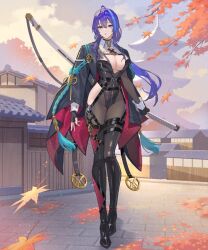 1girl artist_request autumn_leaves blue_hair boots branch breasts buttons choker cleavage cloud cloudy_sky day evertale full_body gloves gradient_sky highleg highleg_leotard hijikata_toshizou_(evertale) holding katana large_breasts leaf leotard long_hair long_sleeves looking_at_viewer multicolored_hair official_art outdoors pale_skin pantyhose parted_lips purple_hair sheath sheathed sky solo sword thigh_boots weapon